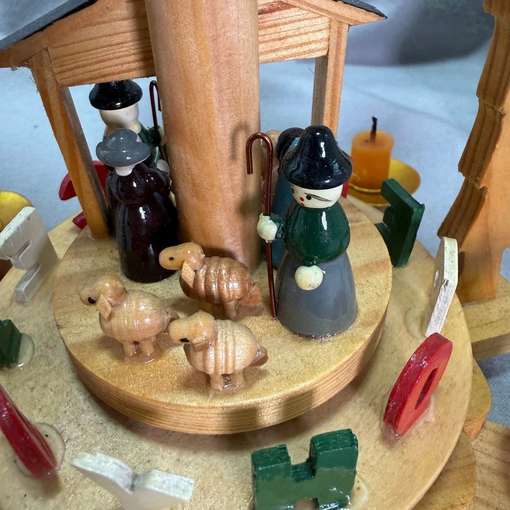 Holly Tree Nativity Carousel Single Tier Candle Tower Vintage Christmas Decor